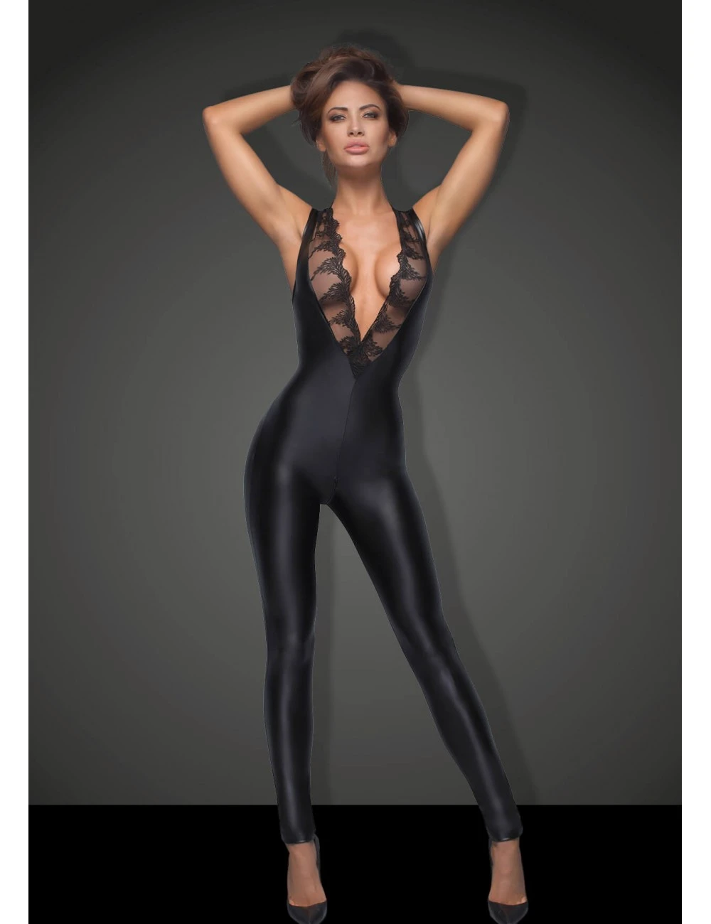 Combinaison Noir Wetlook Sans Manche Et Décolleté Noir Handmade