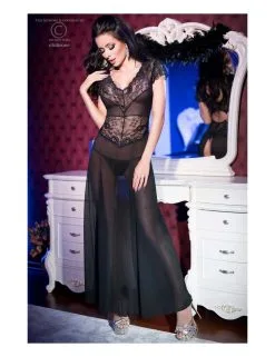 Déshabillé Noir Tulle Et Dentelle Ouverture Au Dos Chilirose