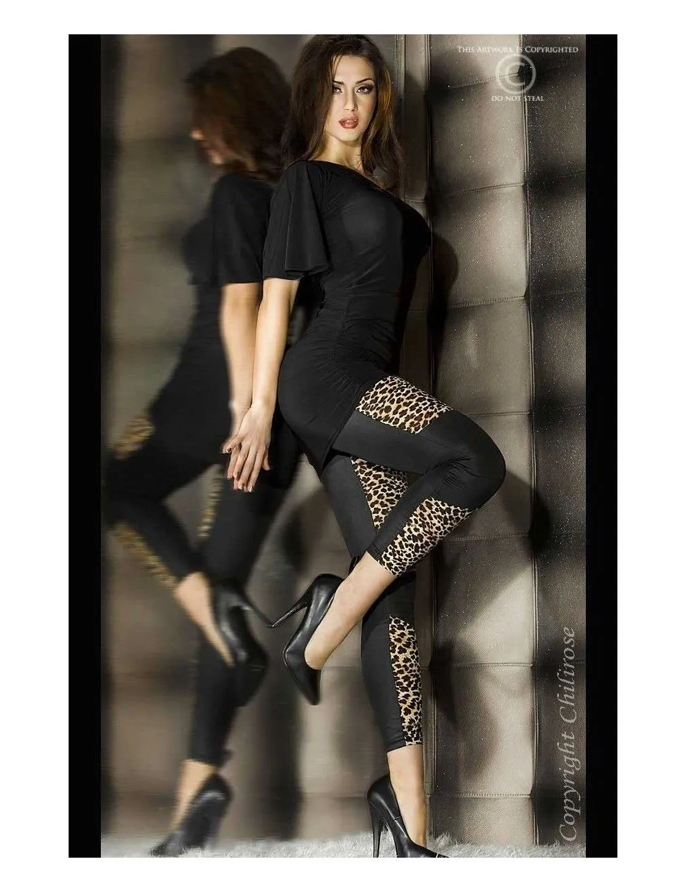 Legging Noir Stretch Insert Léopard Chilirose