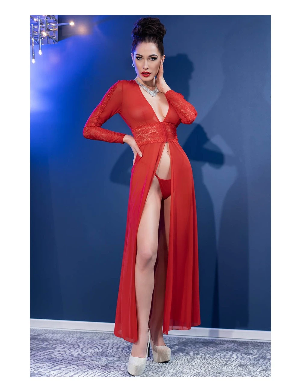 Nuisette Rouge Longue Ouverte Et String Chilirose – Image 3