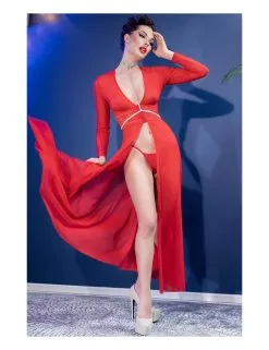 Nuisette Rouge Longue Ouverte Et String Chilirose