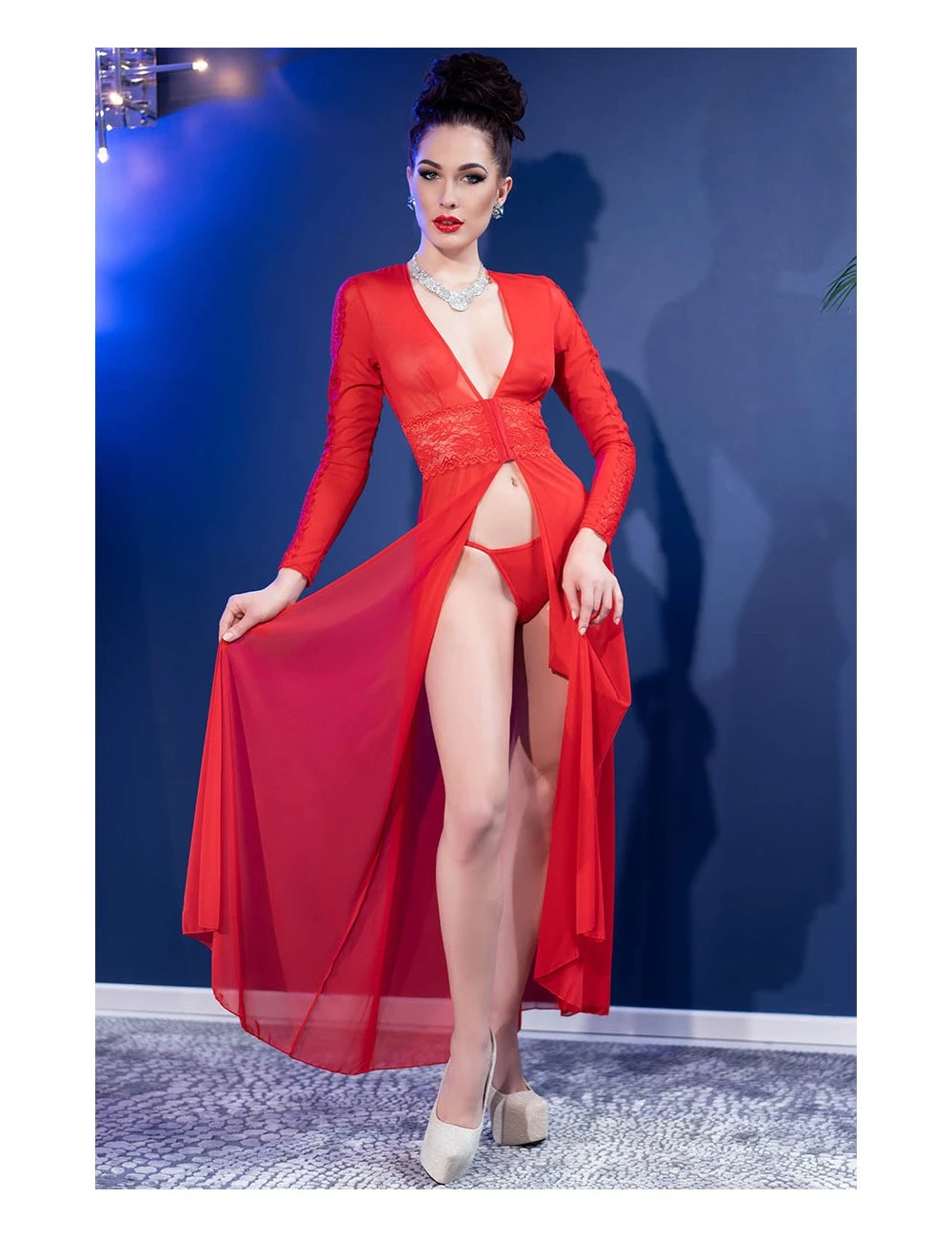 Nuisette Rouge Longue Ouverte Et String Chilirose – Image 4