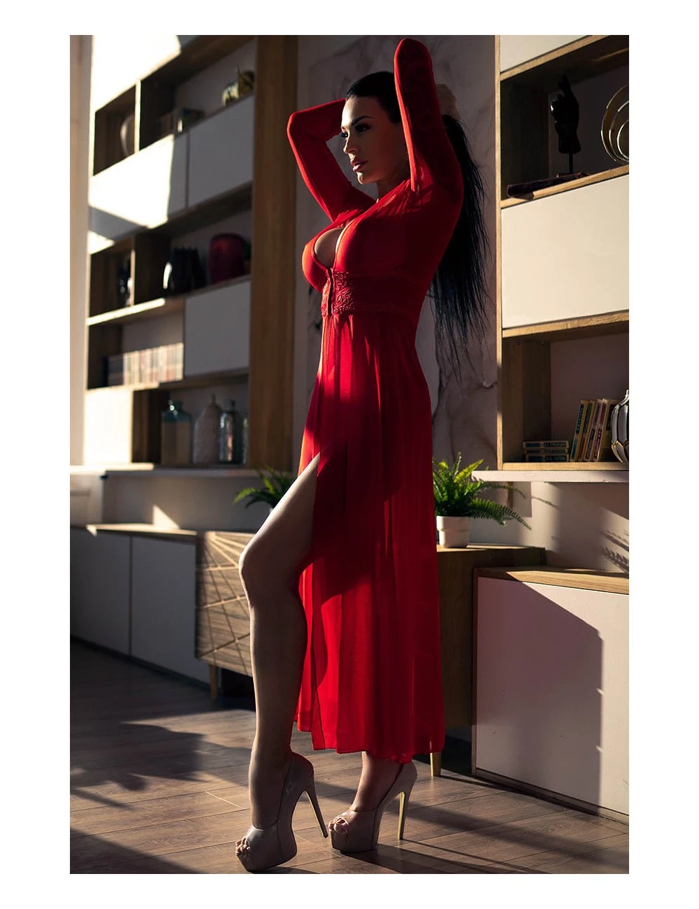 Nuisette Rouge Longue Ouverte Et String Chilirose – Image 5