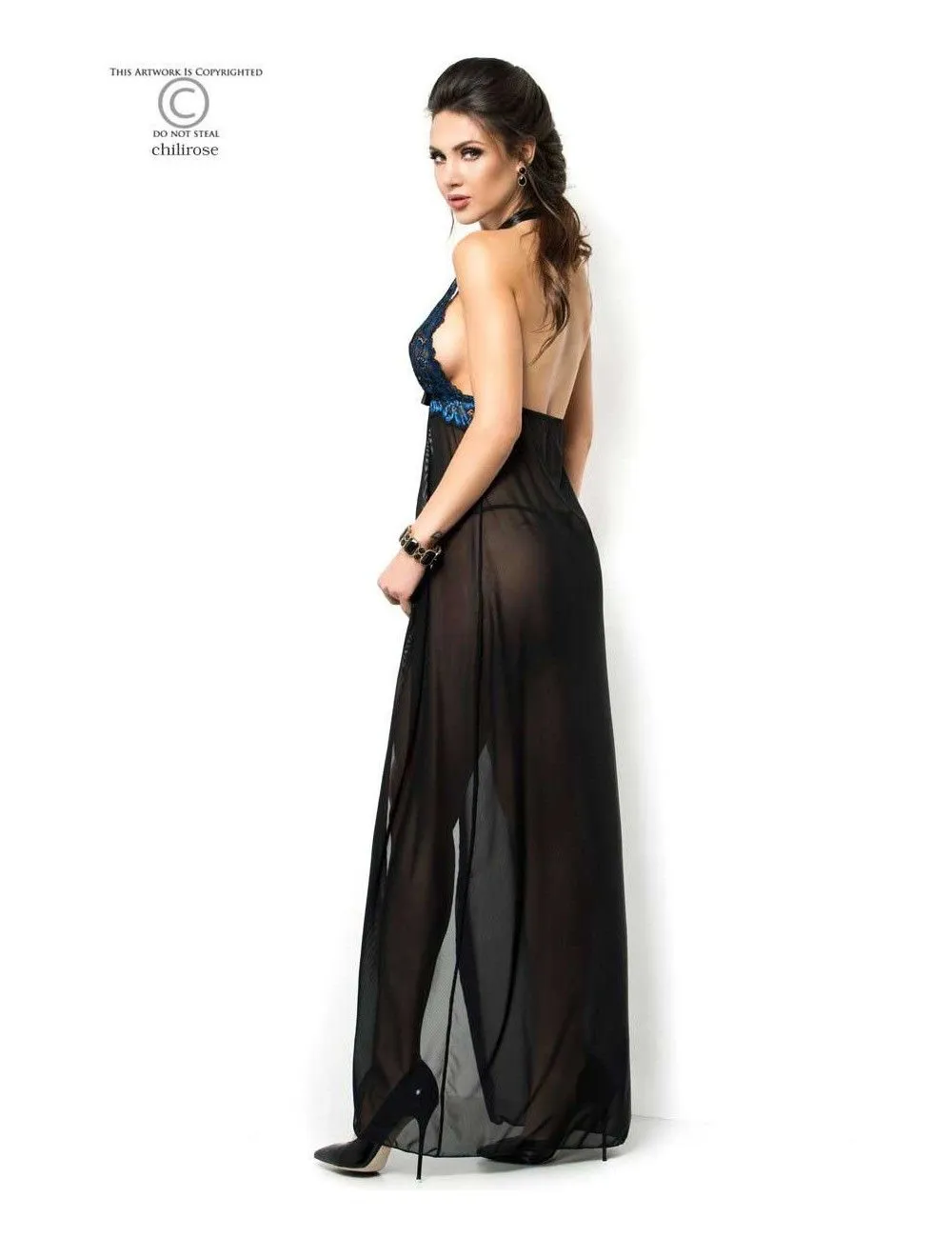 Robe Lingerie Bleu Saphir Et Fine Résille Noir Chilirose – Image 2