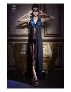 Robe Lingerie Bleu Saphir Et Fine Résille Noir Chilirose
