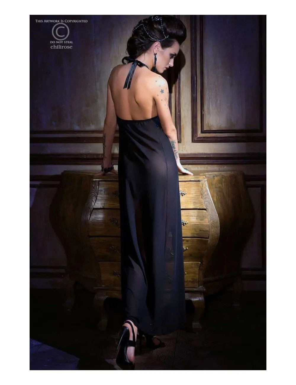 Robe Lingerie Bleu Saphir Et Fine Résille Noir Chilirose – Image 4