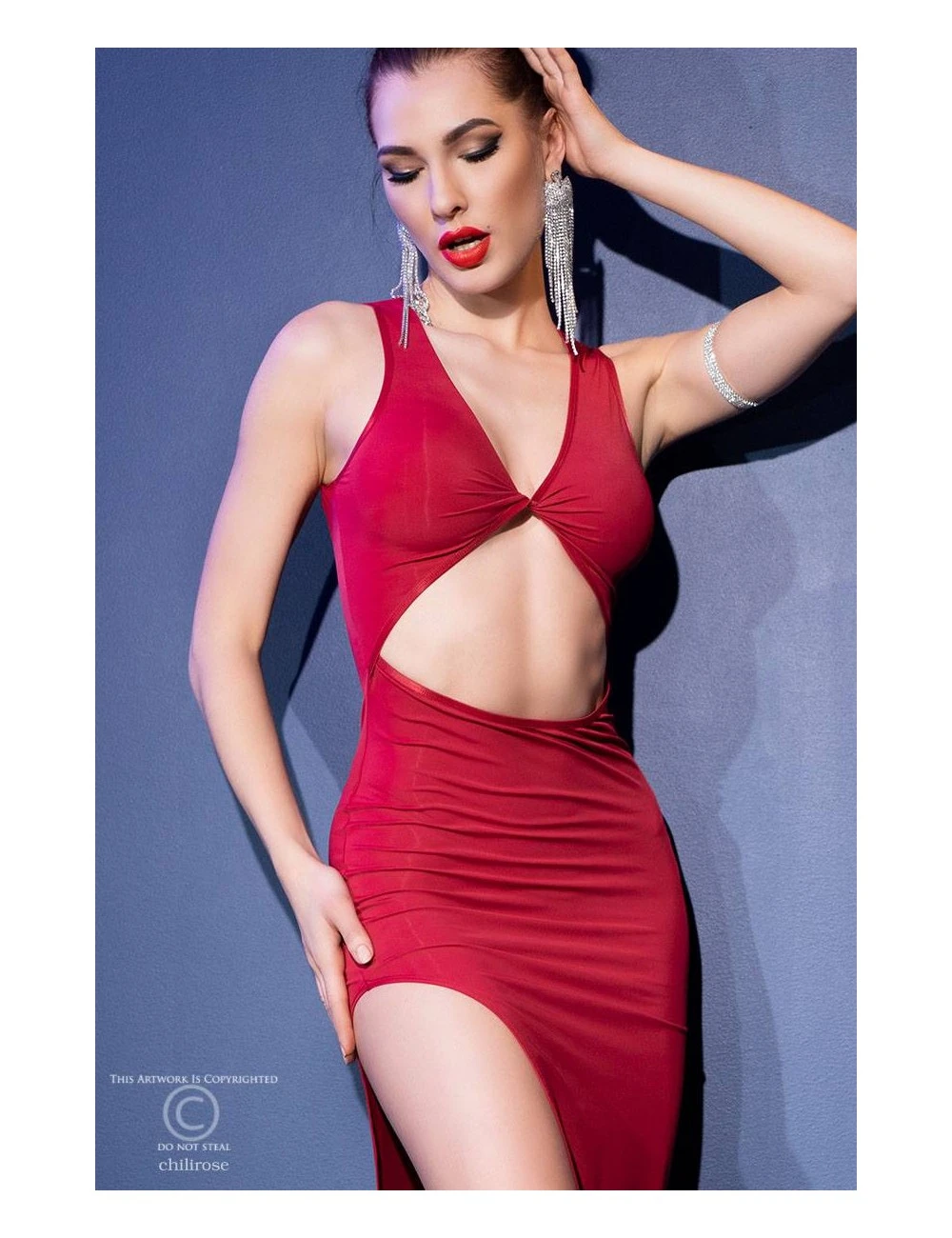 Robe Longue Rouge Avec Fente Latérale 4445 Chilirose – Image 3