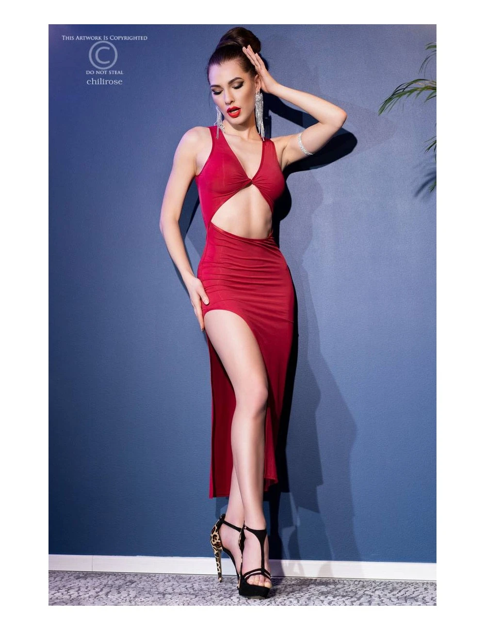 Robe Longue Rouge Avec Fente Latérale 4445 Chilirose – Image 4