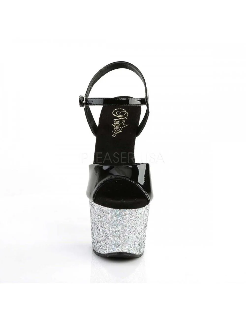 Pleaser USA Shoes Sandales Noir Vernis Haut Talon Plateforme Pailletée Argent Pleaser – Image 2