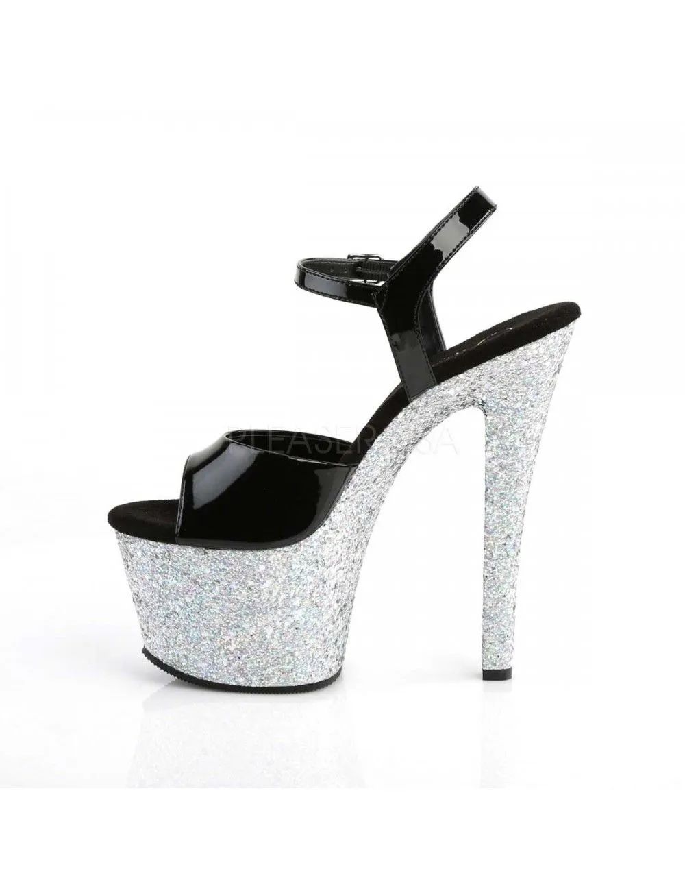 Pleaser USA Shoes Sandales Noir Vernis Haut Talon Plateforme Pailletée Argent Pleaser – Image 3