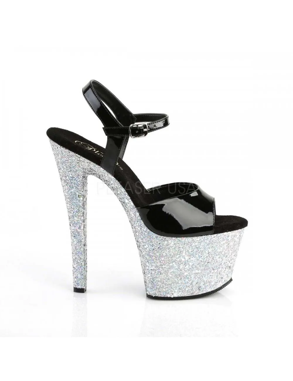Pleaser USA Shoes Sandales Noir Vernis Haut Talon Plateforme Pailletée Argent Pleaser – Image 5
