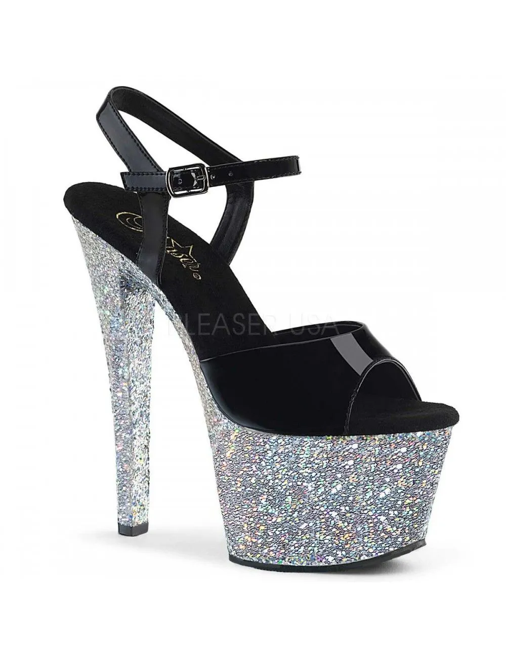 Pleaser USA Shoes Sandales Noir Vernis Haut Talon Plateforme Pailletée Argent Pleaser