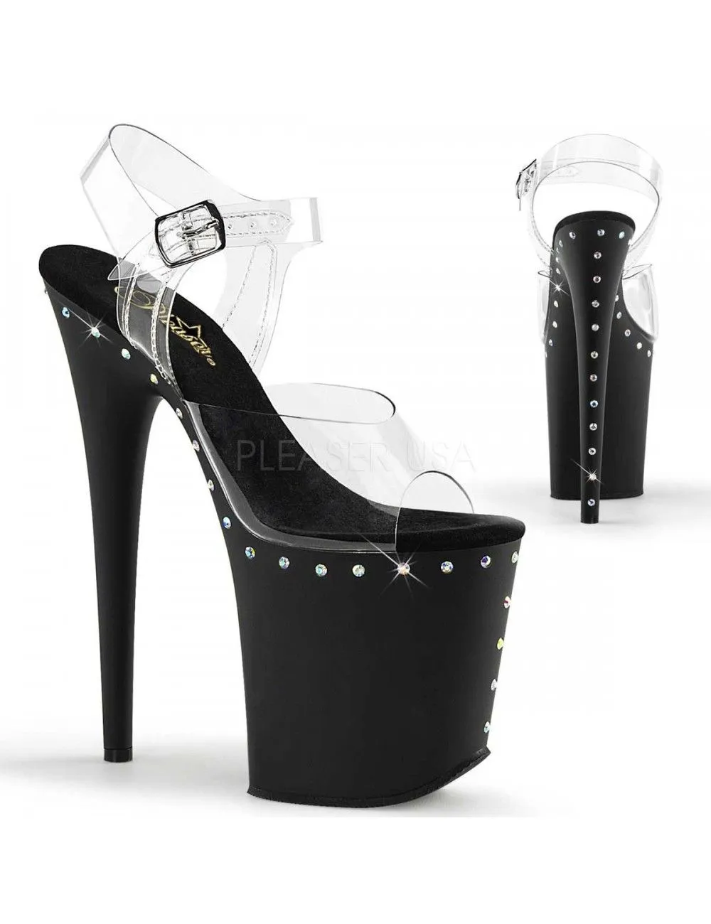 Pleaser USA Shoes Sandales Plateforme Très Haut Talon Noir Strass Pleaser